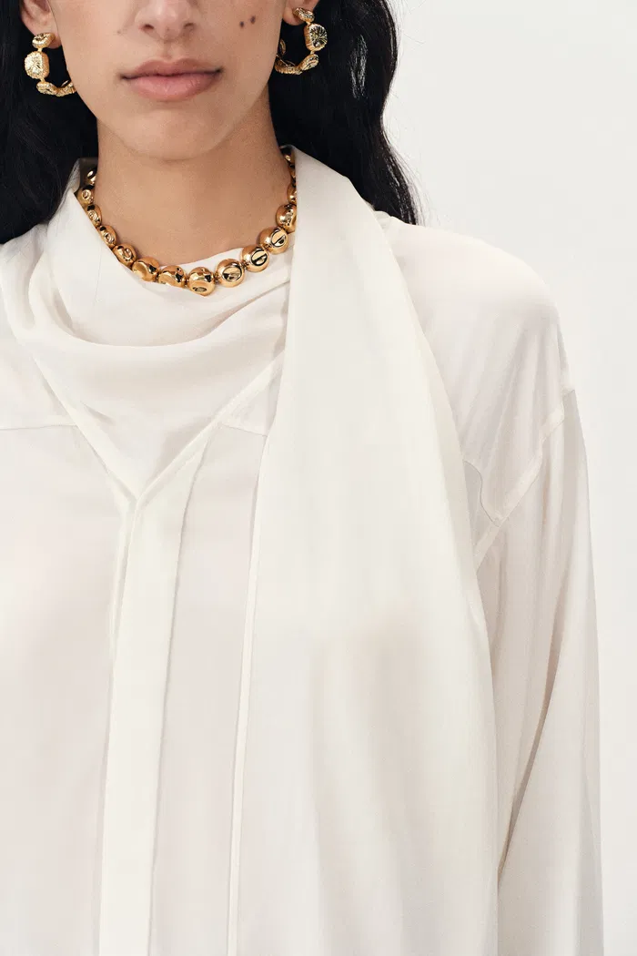 Charlotte Flowing Scarf Style Tie Blouse in Silk Satin - Image 5