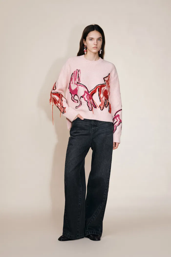 Charlotte Hand Worked Pony Stitching Sweater in Wool Angora Raccoon Knit
