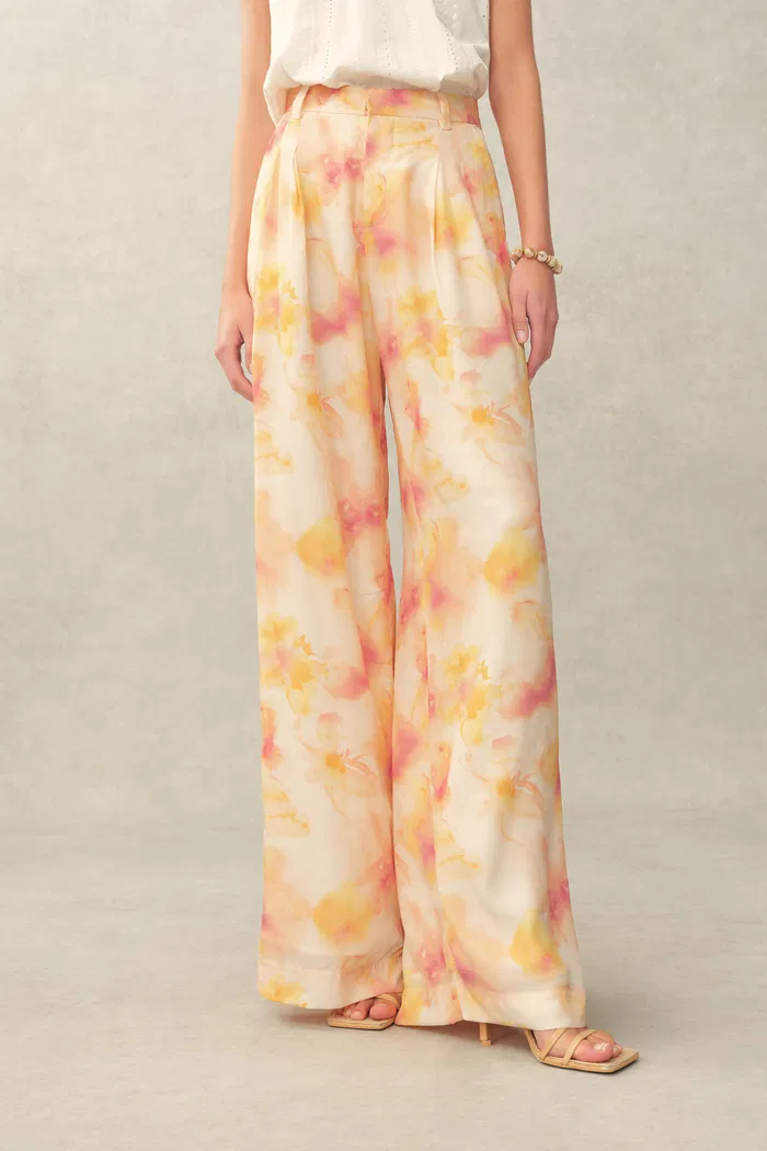 Charlotte Handpainted Floral Neck Tie Sleeveless Blouse and Pants Set in Silk Double Crepe - Image 4