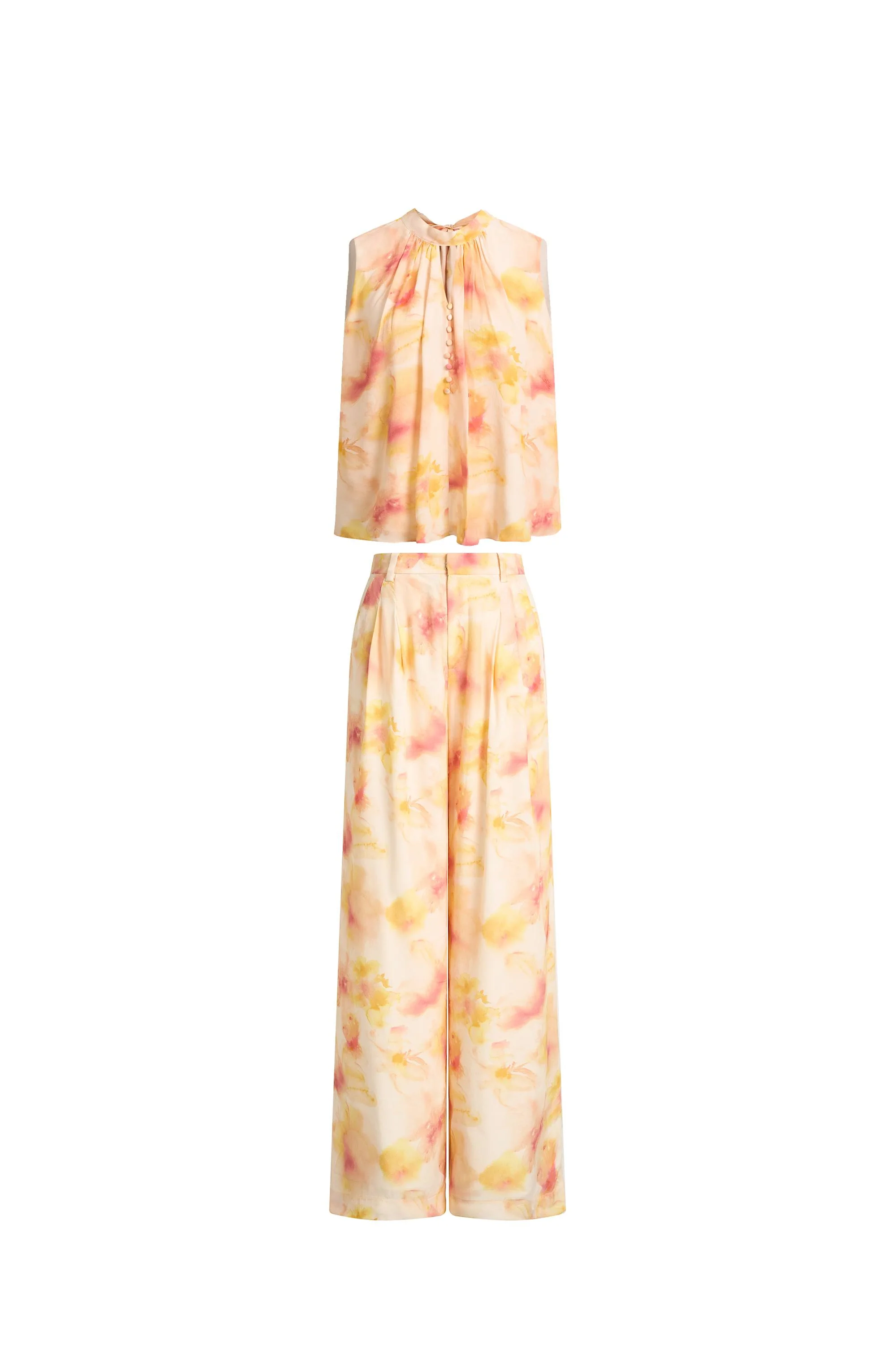 Charlotte Handpainted Floral Neck Tie Sleeveless Blouse and Pants Set in Silk Double Crepe - Image 6
