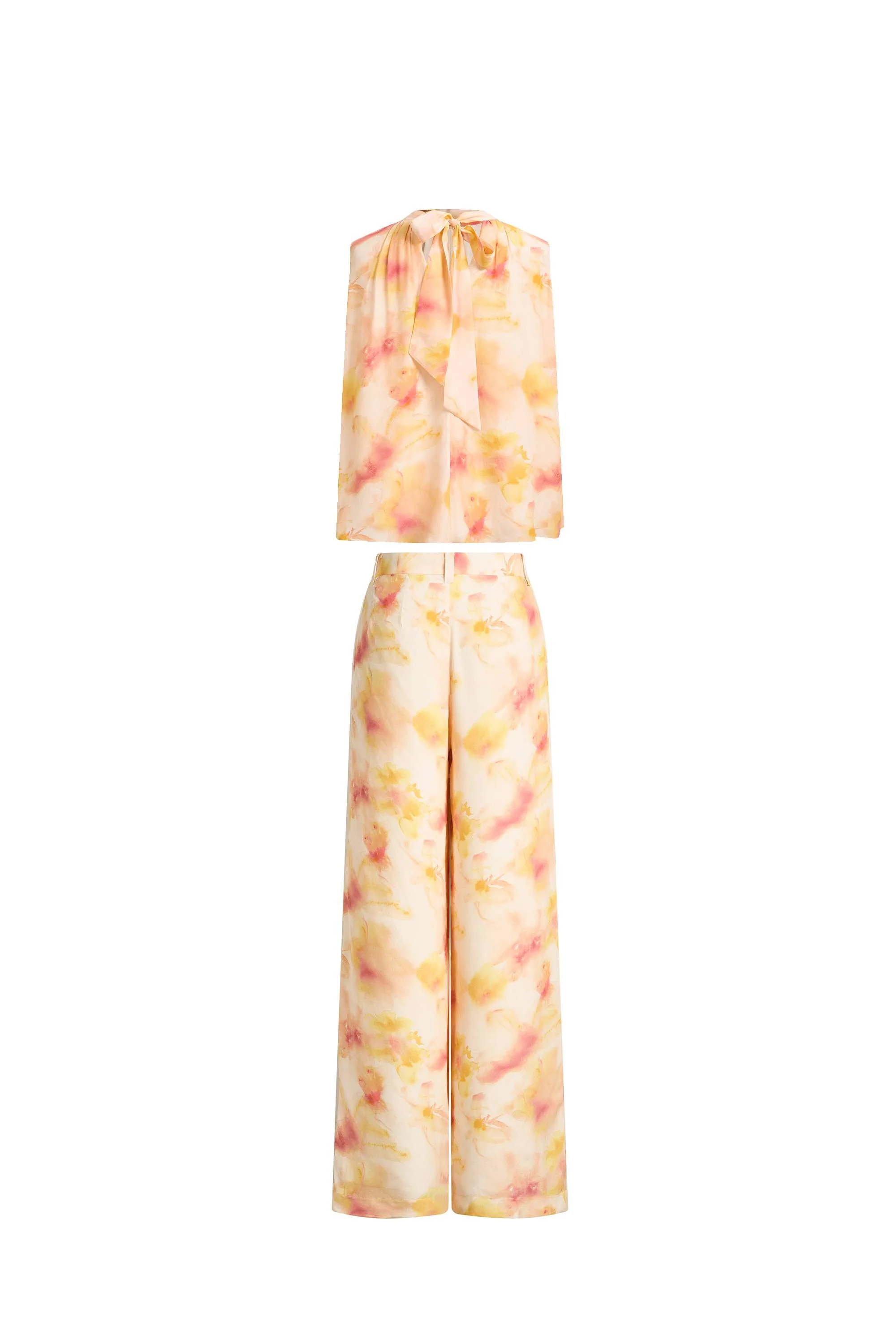 Charlotte Handpainted Floral Neck Tie Sleeveless Blouse and Pants Set in Silk Double Crepe - Image 7