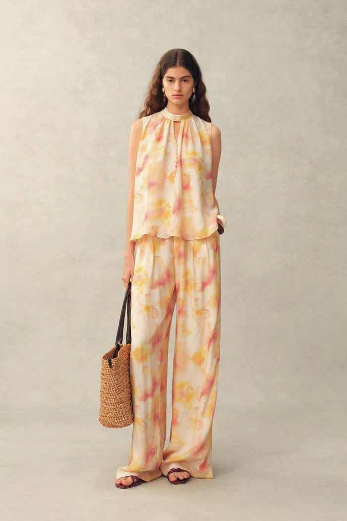 Charlotte Handpainted Floral Neck Tie Sleeveless Blouse in Silk Double Crepe - Image 3