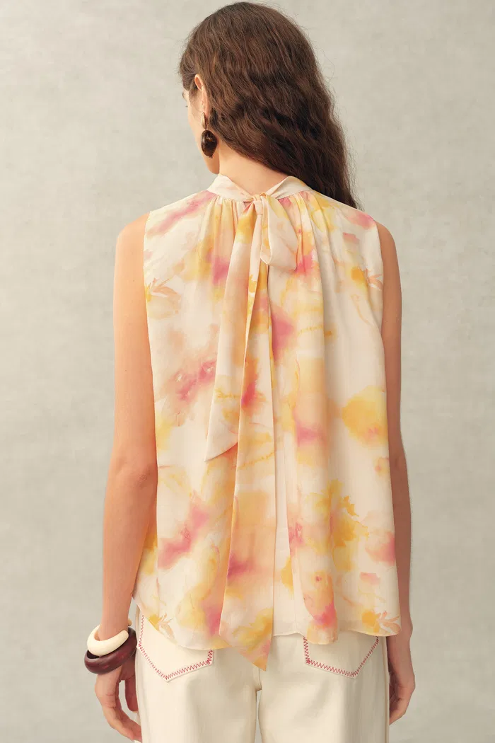 Charlotte Handpainted Floral Neck Tie Sleeveless Blouse in Silk Double Crepe - Image 4