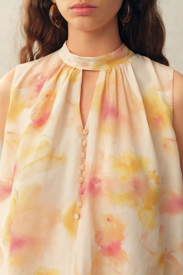 Charlotte Handpainted Floral Neck Tie Sleeveless Blouse in Silk Double Crepe - Image 5