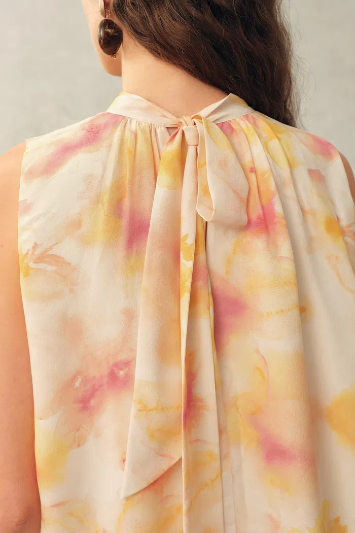 Charlotte Handpainted Floral Neck Tie Sleeveless Blouse in Silk Double Crepe - Image 6