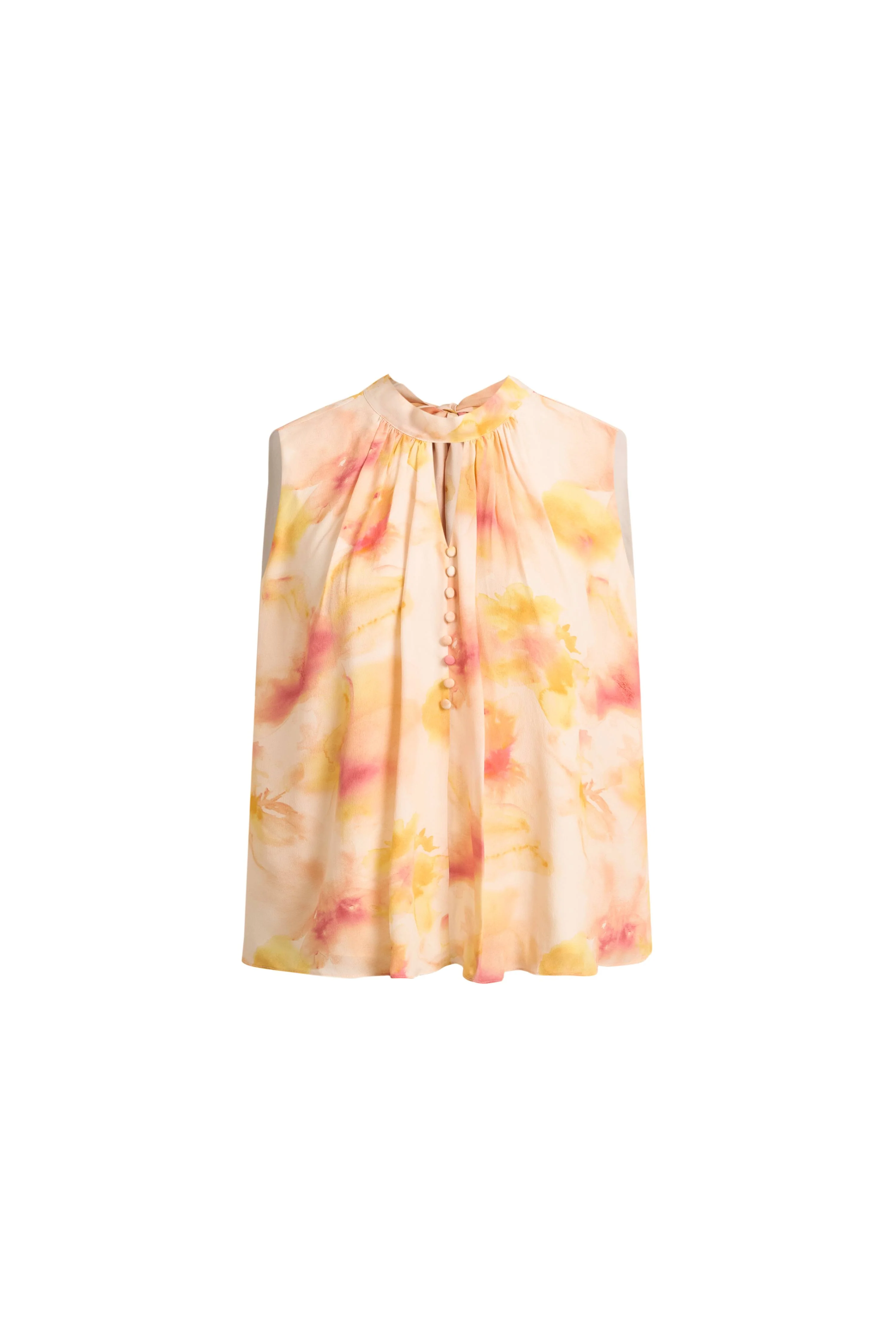 Charlotte Handpainted Floral Neck Tie Sleeveless Blouse in Silk Double Crepe - Image 7