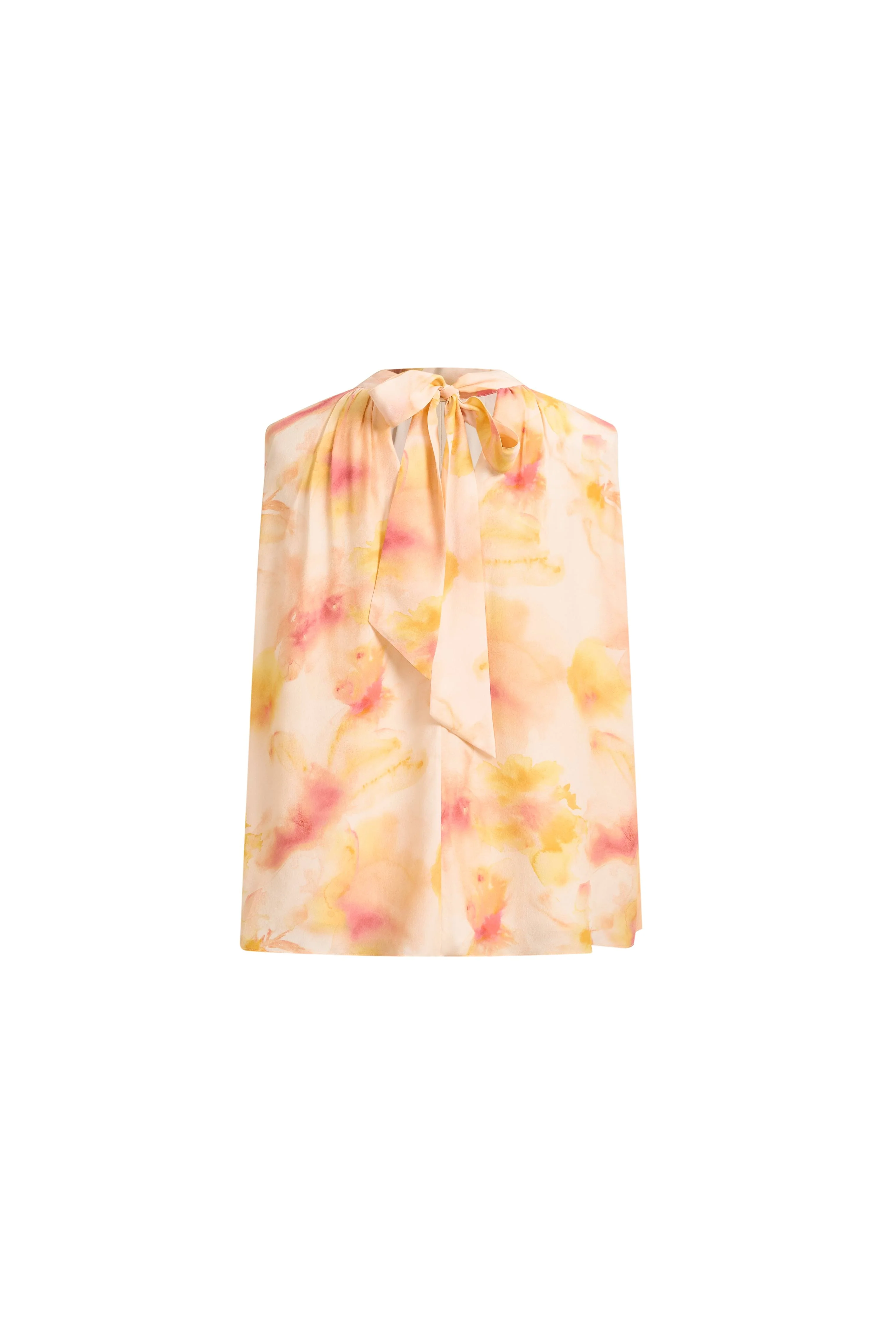 Charlotte Handpainted Floral Neck Tie Sleeveless Blouse in Silk Double Crepe - Image 8