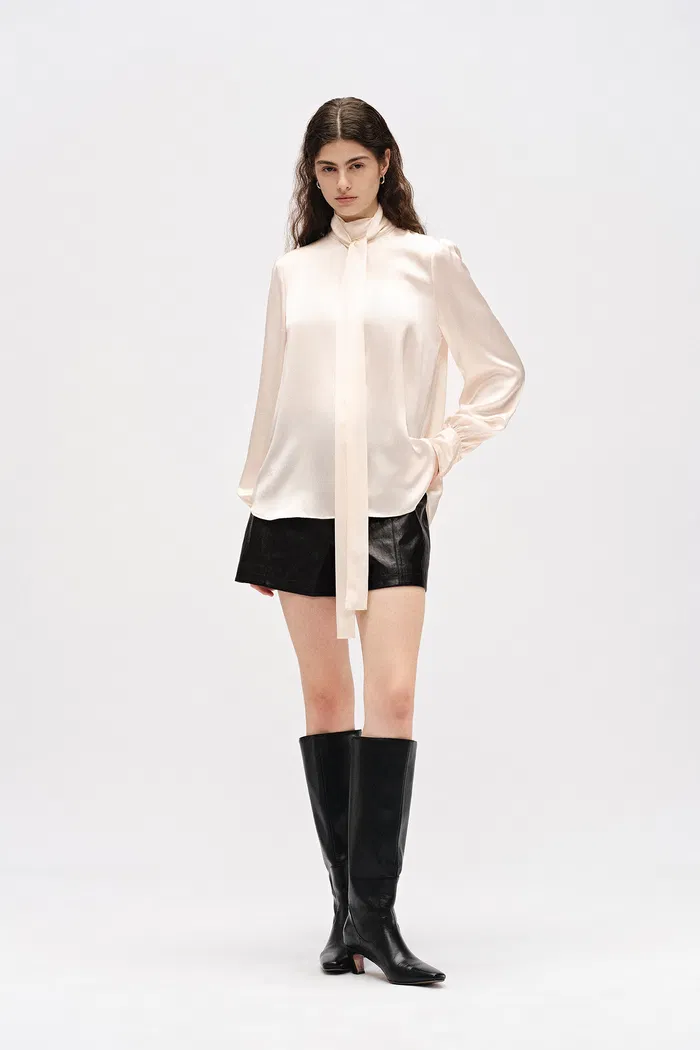 Chloe Tie Neck Blouse in 19mm Mulberry Silk Satin - Image 4