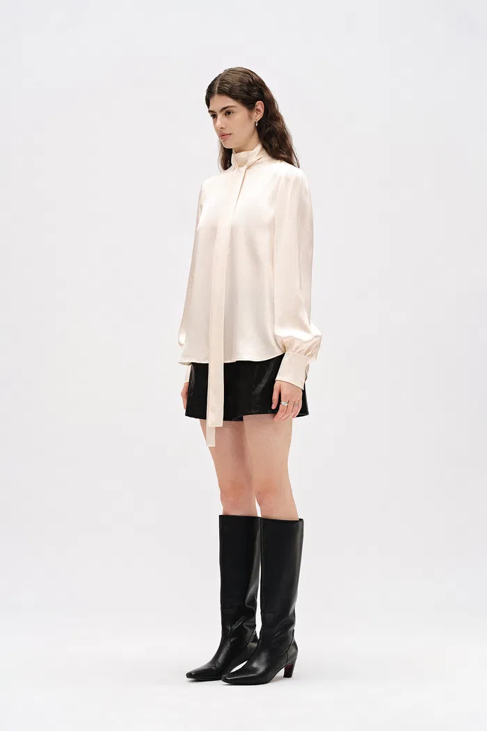 Chloe Tie Neck Blouse in 19mm Mulberry Silk Satin - Image 5