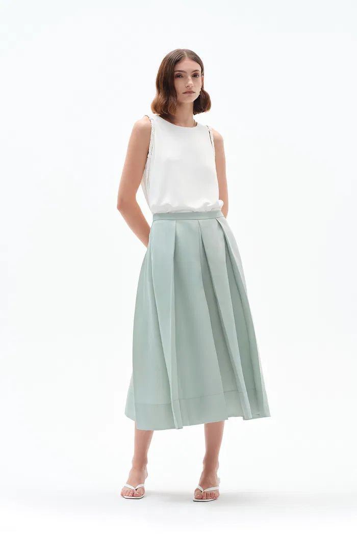 Cici A Line Pleated Flare Skirt in Crystal Flow Satin - Image 2
