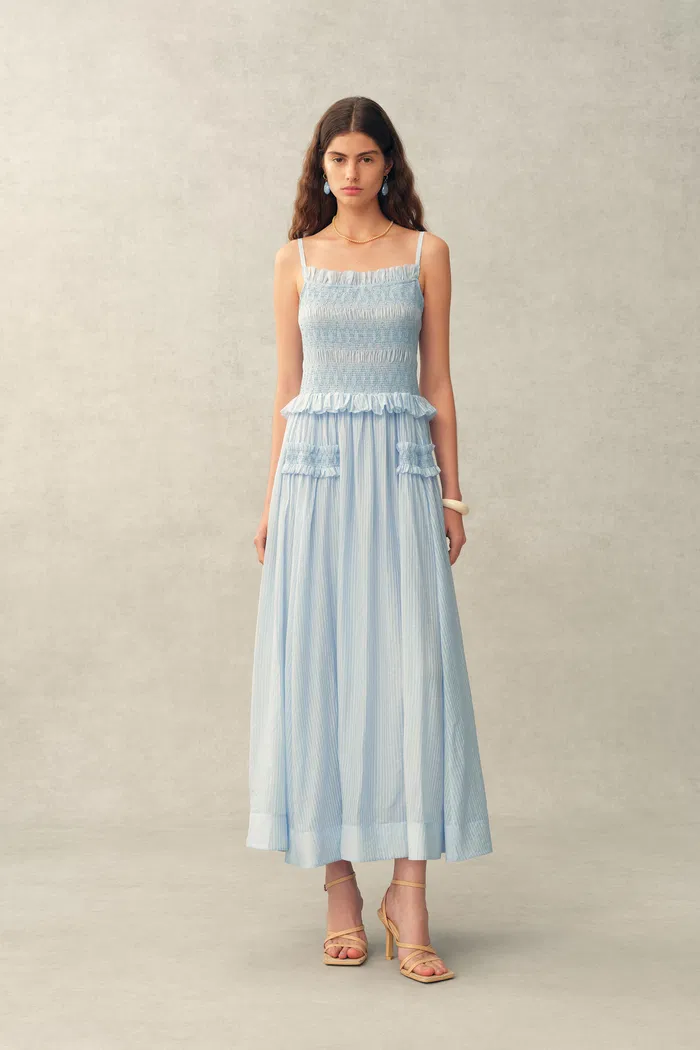 Cirra Smocked Ruffle Trim Striped Sleeveless Cami Dress in Sheer Fabric - Image 2