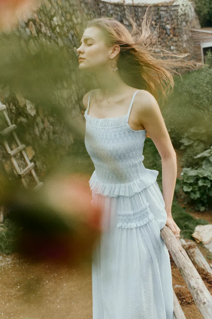 Cirra Smocked Ruffle Trim Striped Sleeveless Cami Dress in Sheer Fabric - Image 3