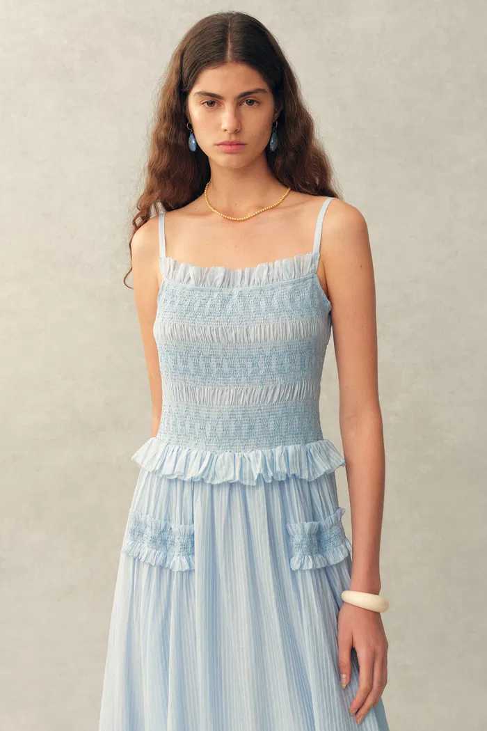 Cirra Smocked Ruffle Trim Striped Sleeveless Cami Dress in Sheer Fabric - Image 4