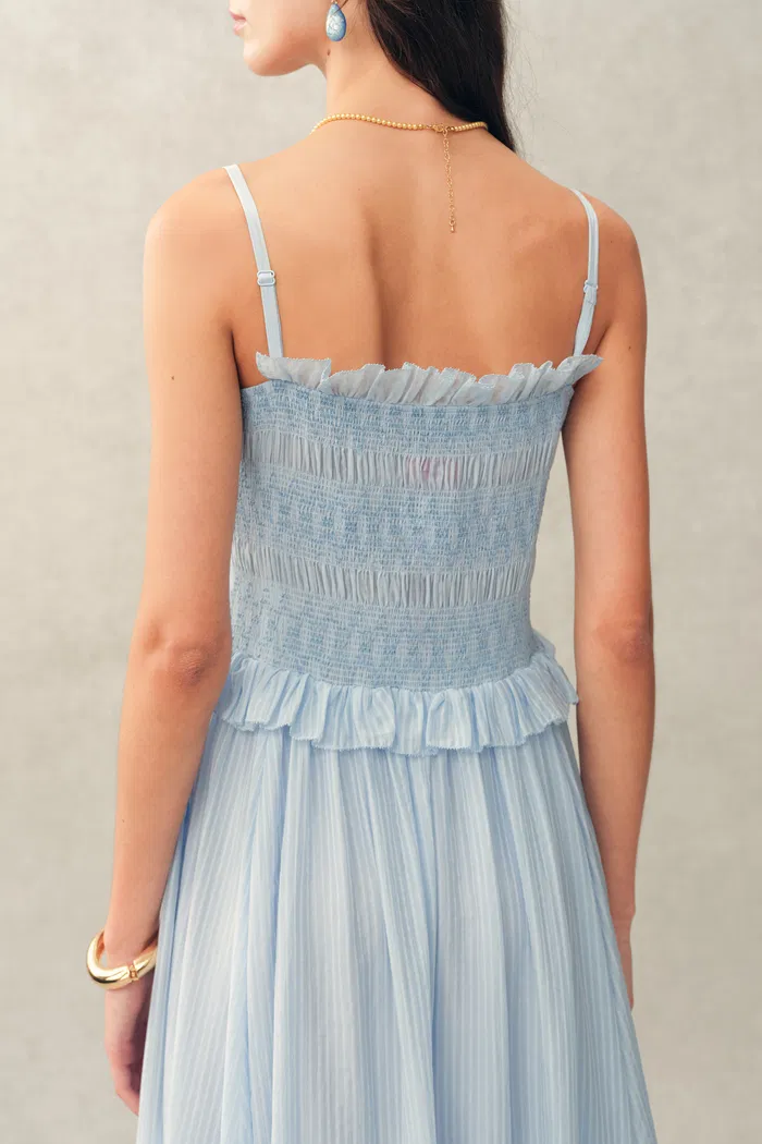 Cirra Smocked Ruffle Trim Striped Sleeveless Cami Dress in Sheer Fabric - Image 5
