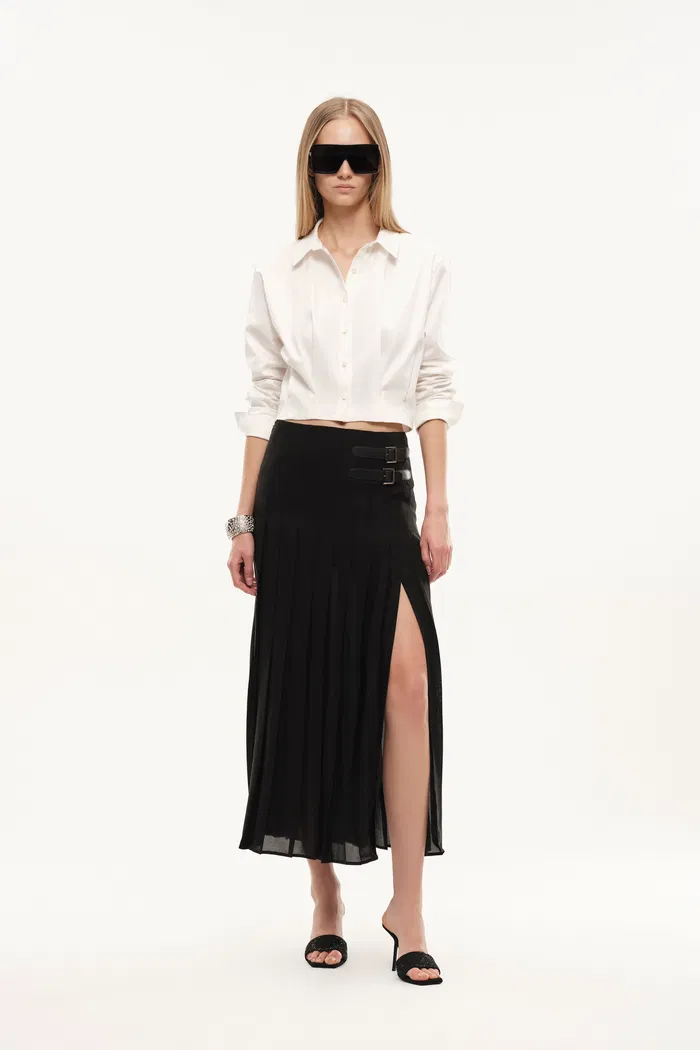 Citadel Leather Tabs Side-Slit Pleated Skirt in Acetate - Image 3