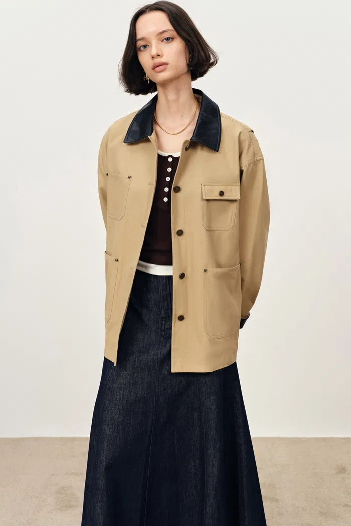 Claire Leather Trim Utility Jacket in Cotton Canvas - Image 2