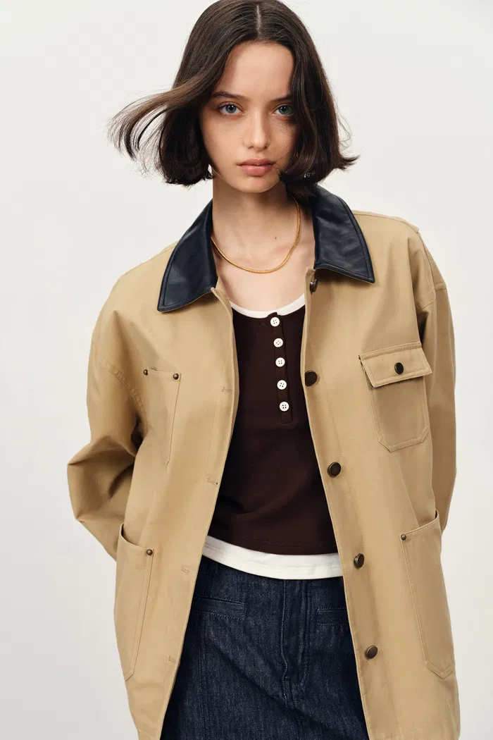 Claire Leather Trim Utility Jacket in Cotton Canvas - Image 4