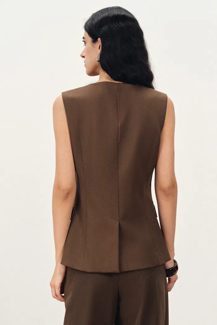Claire Slanted Placket Sqaure Neck Sleeveless Vest Top in Lightweight Suiting - Image 4