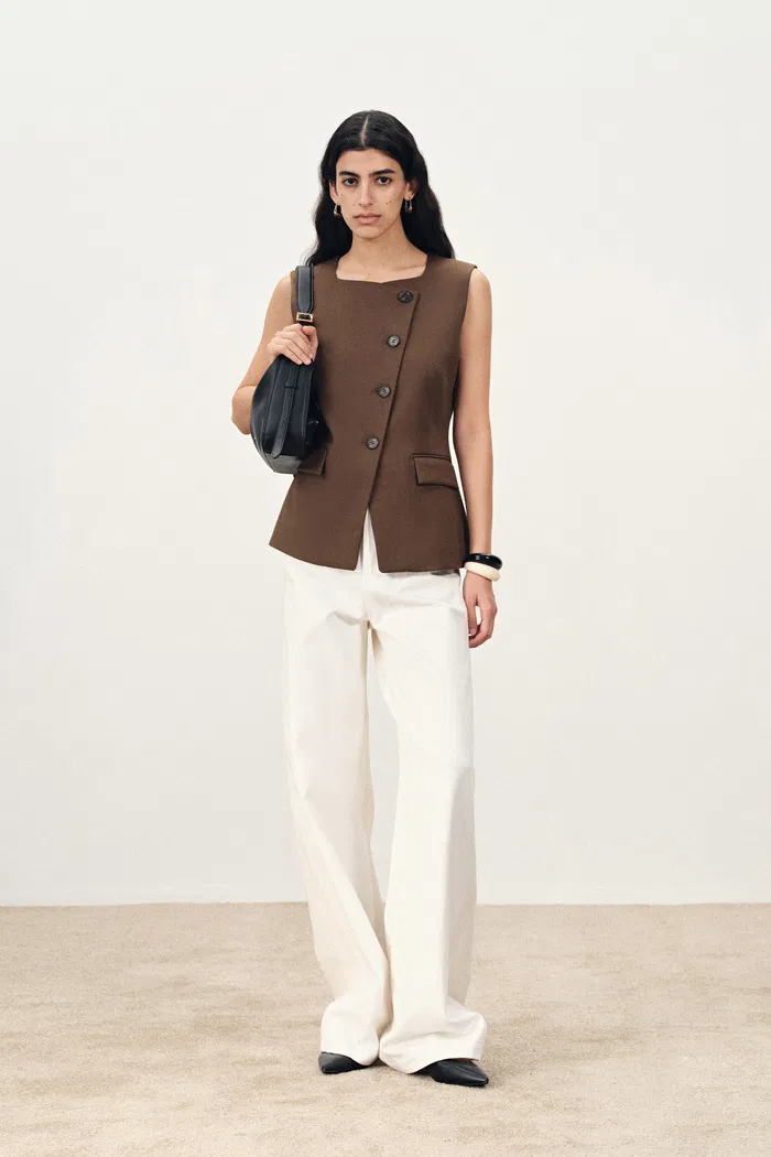 Claire Slanted Placket Sqaure Neck Sleeveless Vest Top in Lightweight Suiting - Image 7