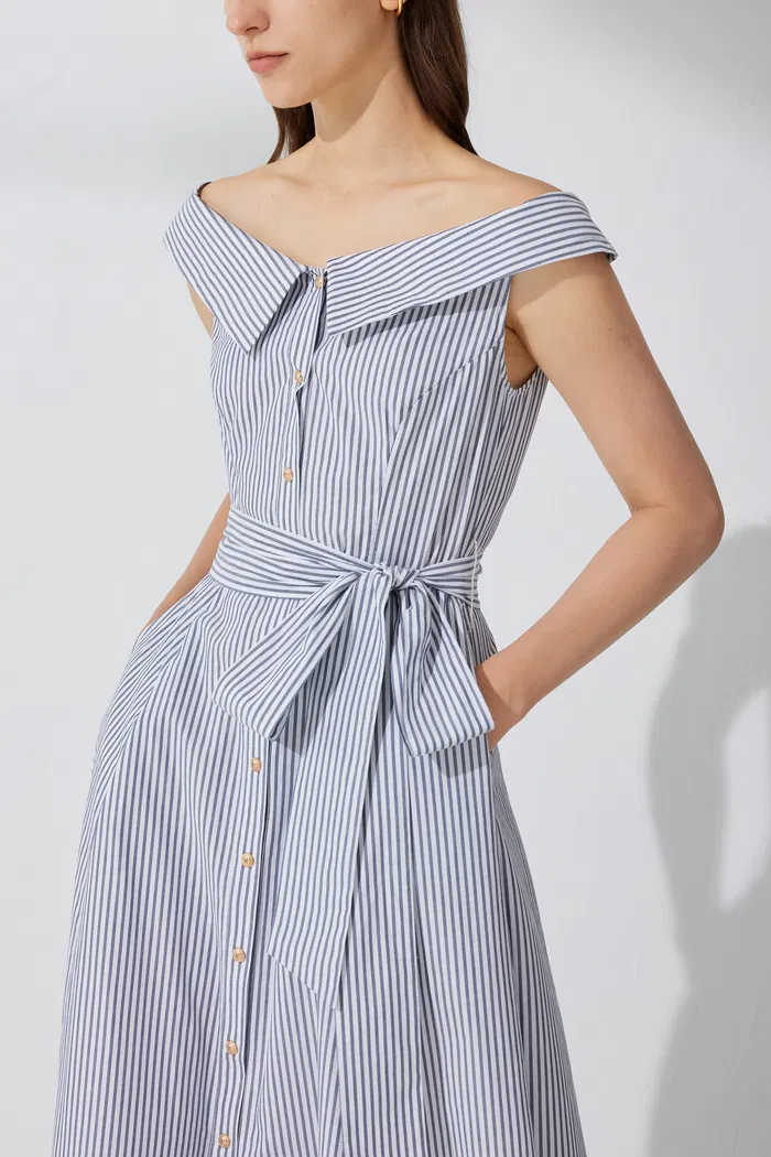 Claudia Off Shoulder Striped Dress in Cotton - Image 2