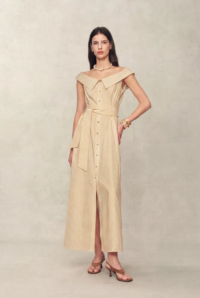 Claudia Striped Off Shoulder Collared Belted Sleeveless Shirt Dress in Cotton
