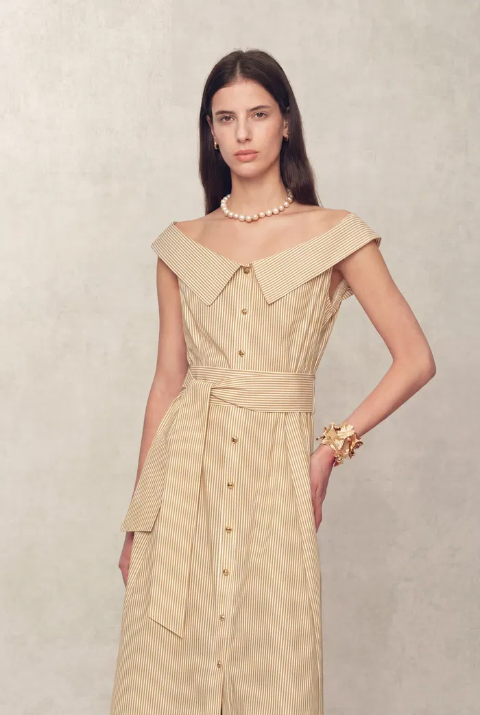 Claudia Striped Off Shoulder Collared Belted Sleeveless Shirt Dress in Cotton - Image 3