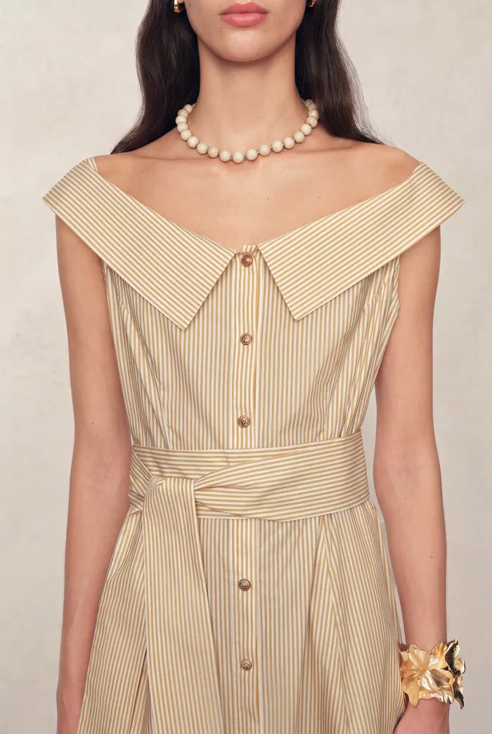 Claudia Striped Off Shoulder Collared Belted Sleeveless Shirt Dress in Cotton - Image 4