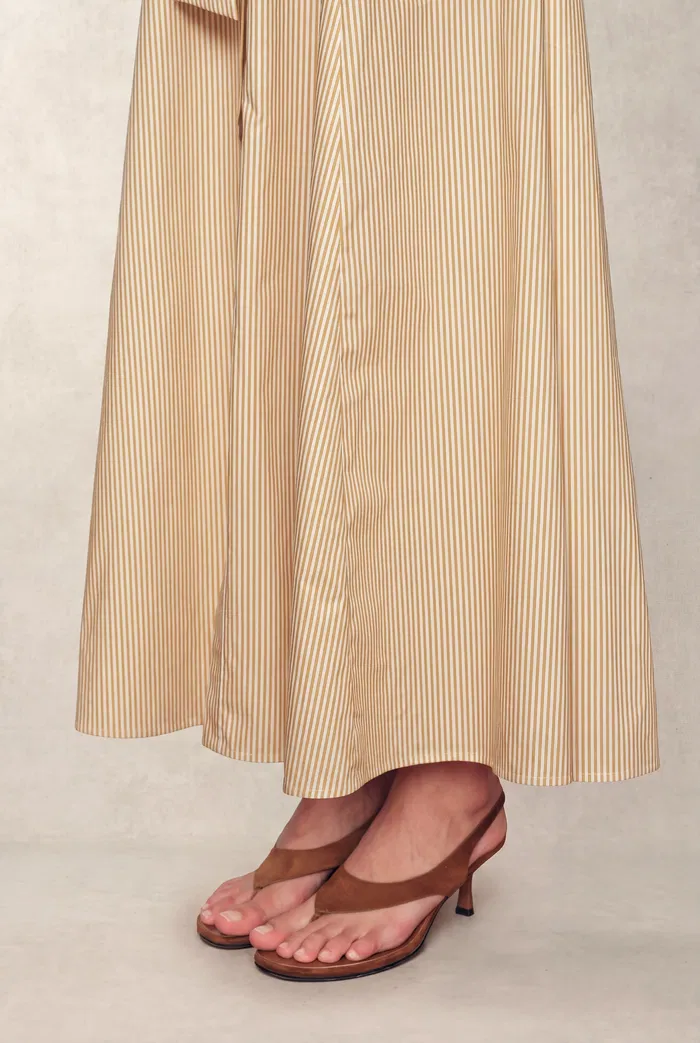 Claudia Striped Off Shoulder Collared Belted Sleeveless Shirt Dress in Cotton - Image 5