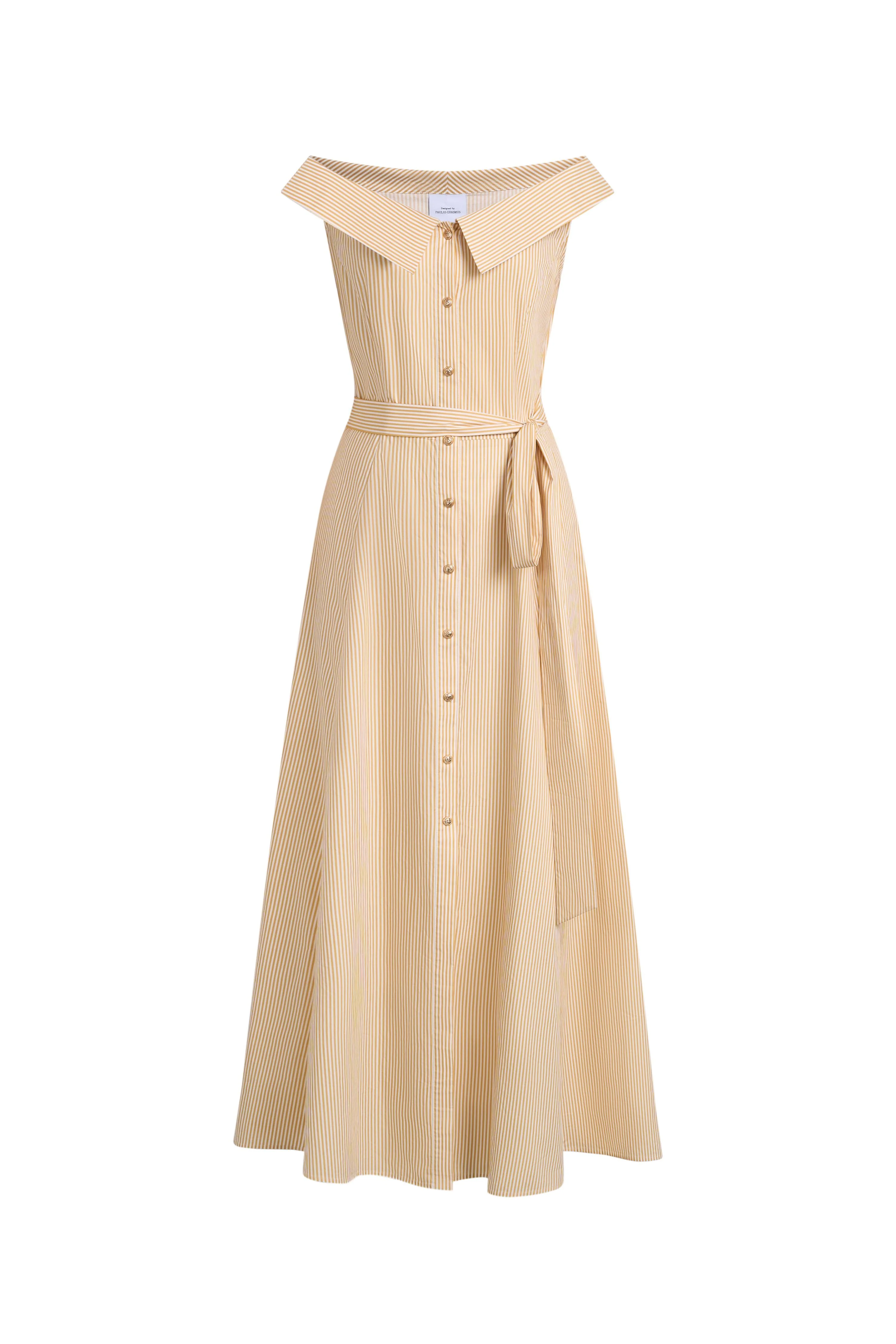 Claudia Striped Off Shoulder Collared Belted Sleeveless Shirt Dress in Cotton - Image 6
