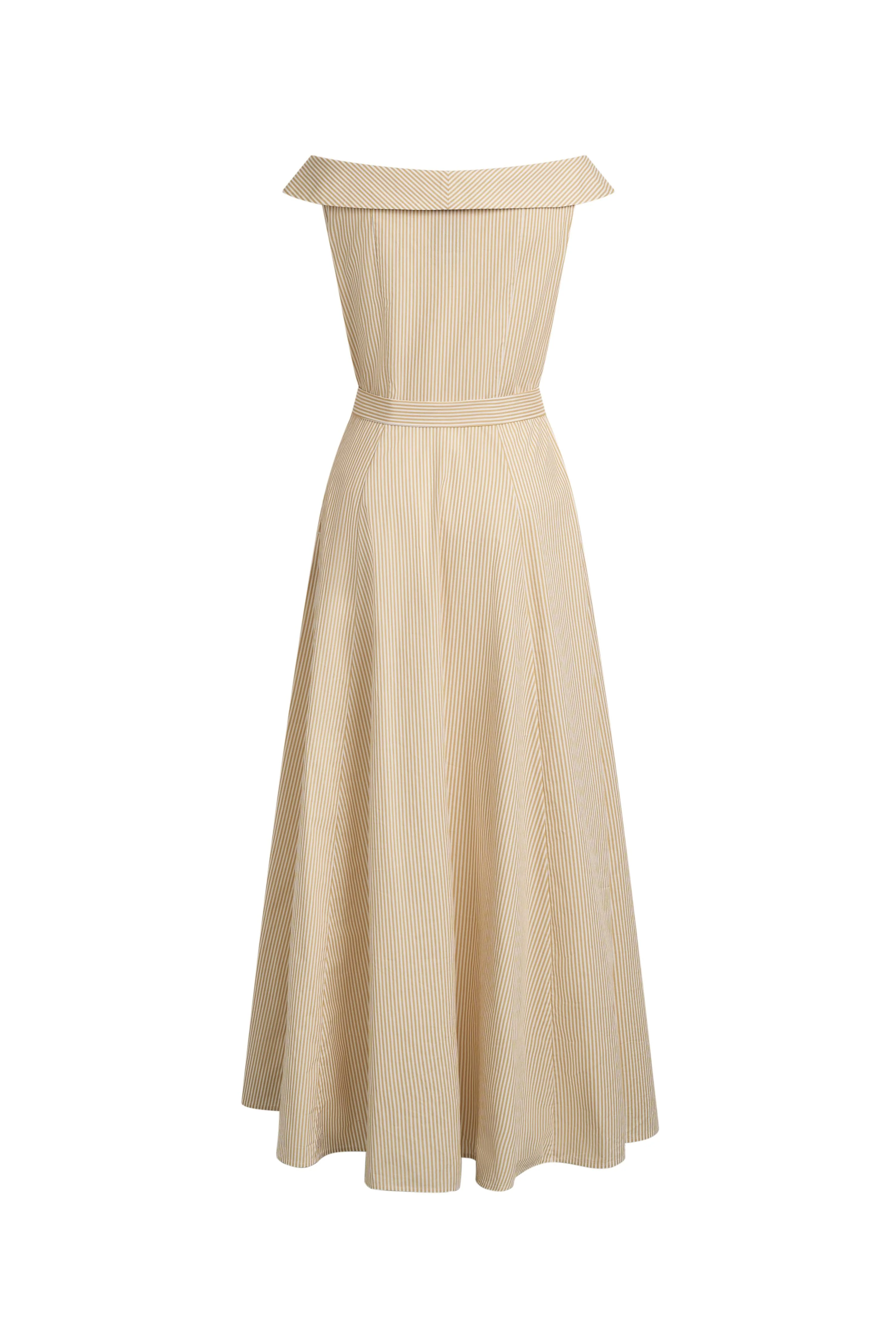 Claudia Striped Off Shoulder Collared Belted Sleeveless Shirt Dress in Cotton - Image 7