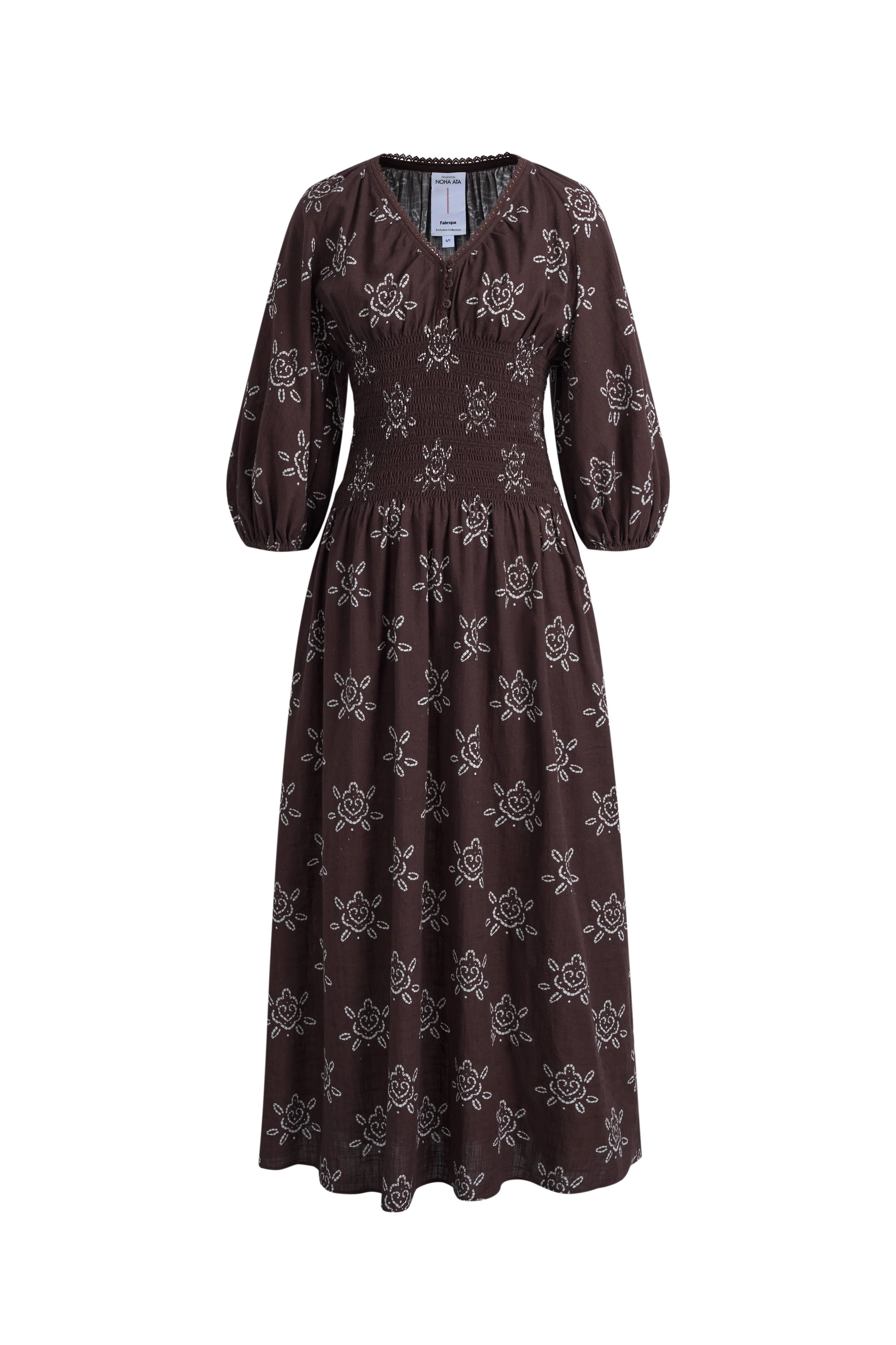 Cleo Smocked Handpainted Floral Puff Sleeve Midi Dress in Cotton - Image 6