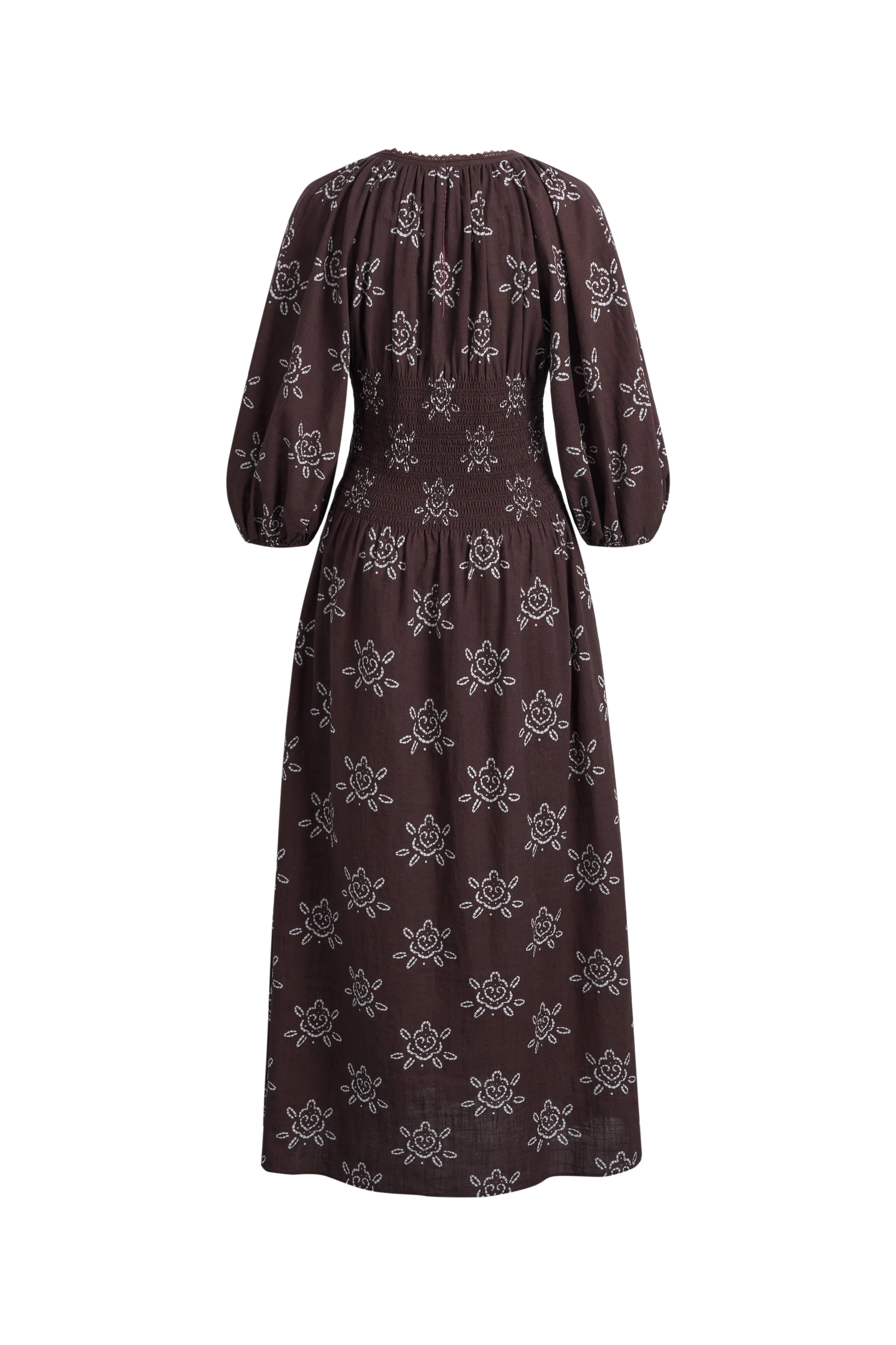 Cleo Smocked Handpainted Floral Puff Sleeve Midi Dress in Cotton - Image 7