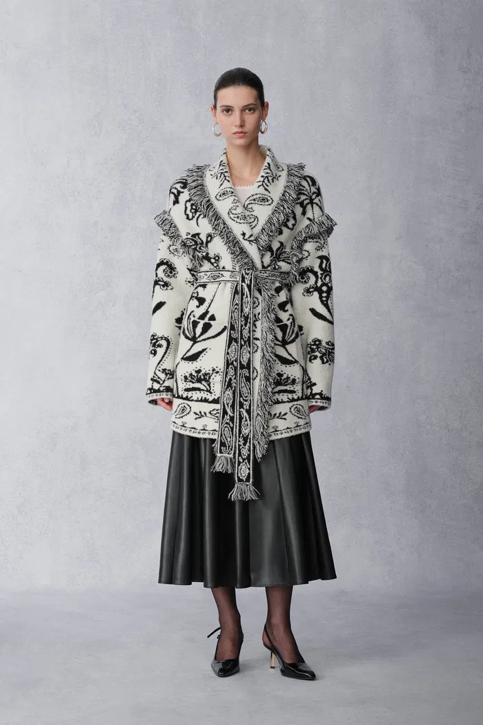 Cloe Paisley Jacquard Long Wrap Cardigan in Merino Wool Knit