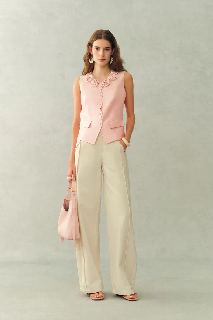 Cloris 3D Floral Neckline Sleeveless Vest Top in Silk Wool Satin