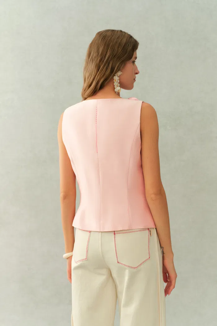 Cloris 3D Floral Neckline Sleeveless Vest Top in Silk Wool Satin - Image 5