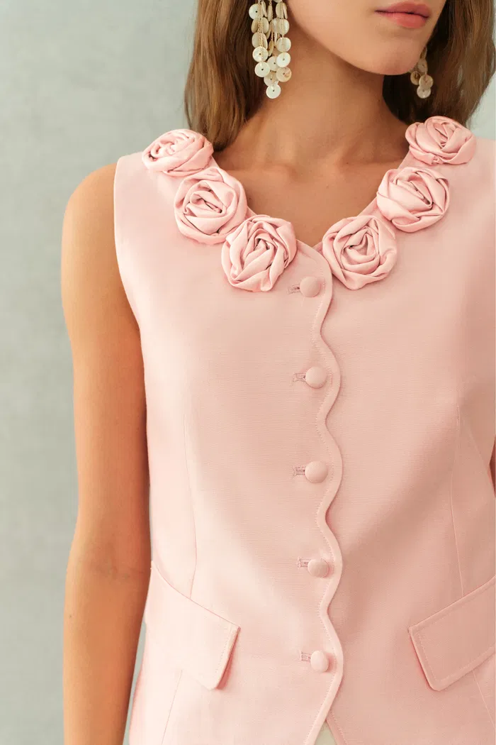 Cloris 3D Floral Neckline Sleeveless Vest Top in Silk Wool Satin - Image 6