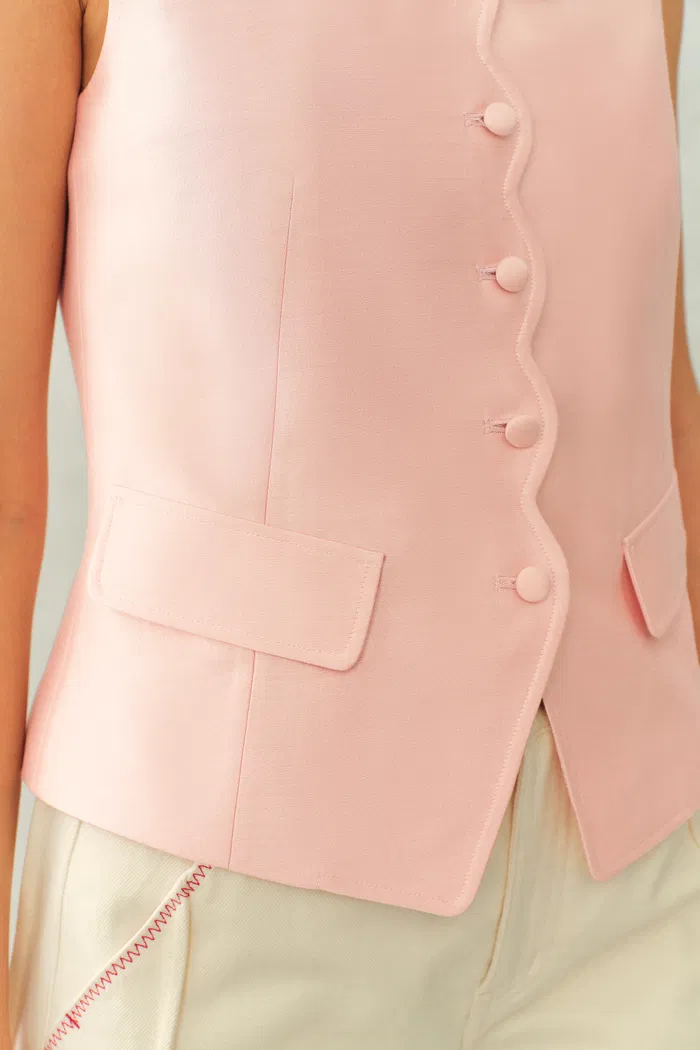 Cloris 3D Floral Neckline Sleeveless Vest Top in Silk Wool Satin - Image 7