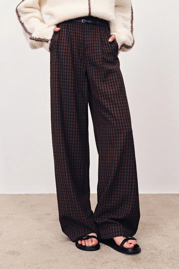 Coco Checkered Wide Leg Trousers in Merino Wool - Image 3