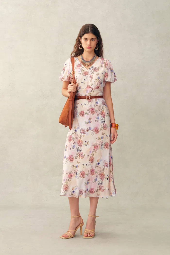 Coco Handpainted Floral Puff Sleeve Cinched Dress in Crinkle Gauze