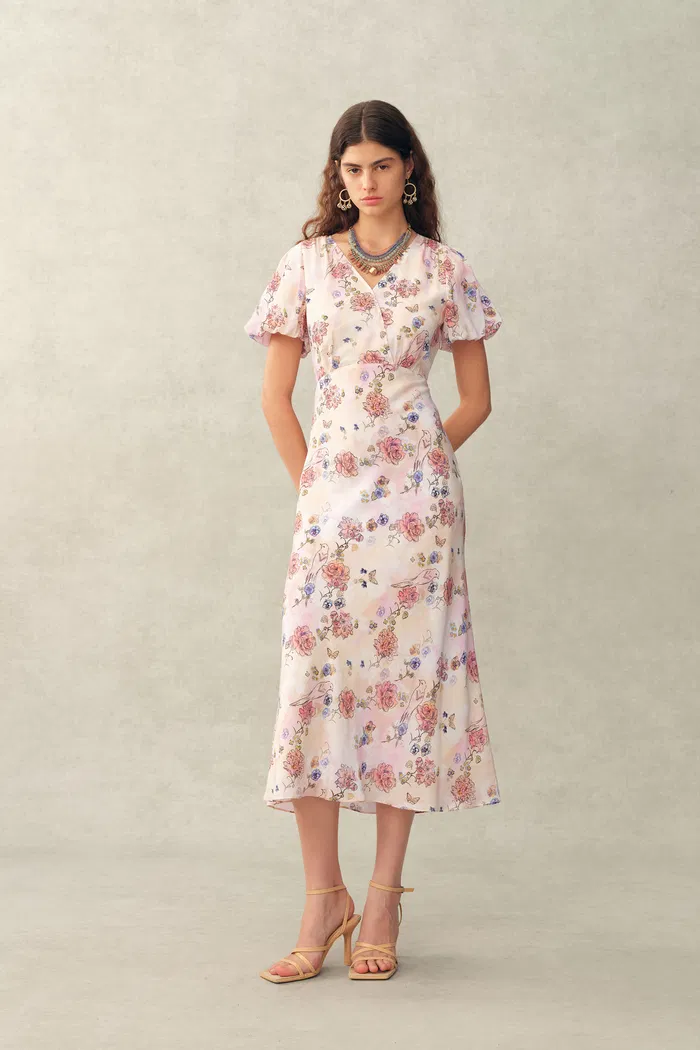 Coco Handpainted Floral Puff Sleeve Cinched Dress in Crinkle Gauze - Image 2