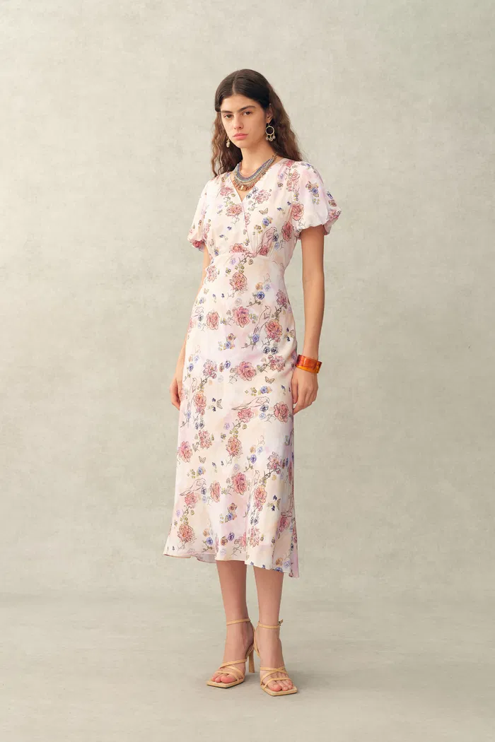 Coco Handpainted Floral Puff Sleeve Cinched Dress in Crinkle Gauze - Image 3