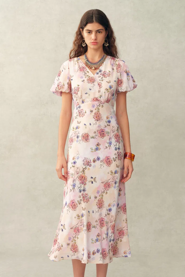Coco Handpainted Floral Puff Sleeve Cinched Dress in Crinkle Gauze - Image 4