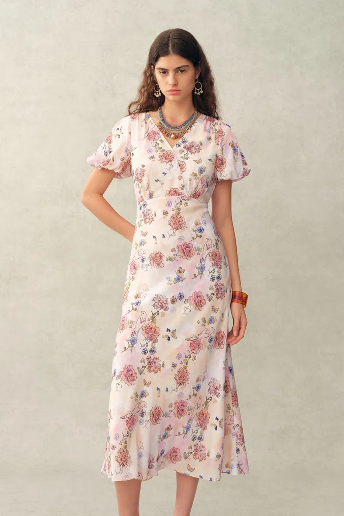 Coco Handpainted Floral Puff Sleeve Cinched Dress in Crinkle Gauze - Image 5