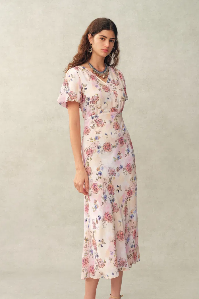 Coco Handpainted Floral Puff Sleeve Cinched Dress in Crinkle Gauze - Image 6
