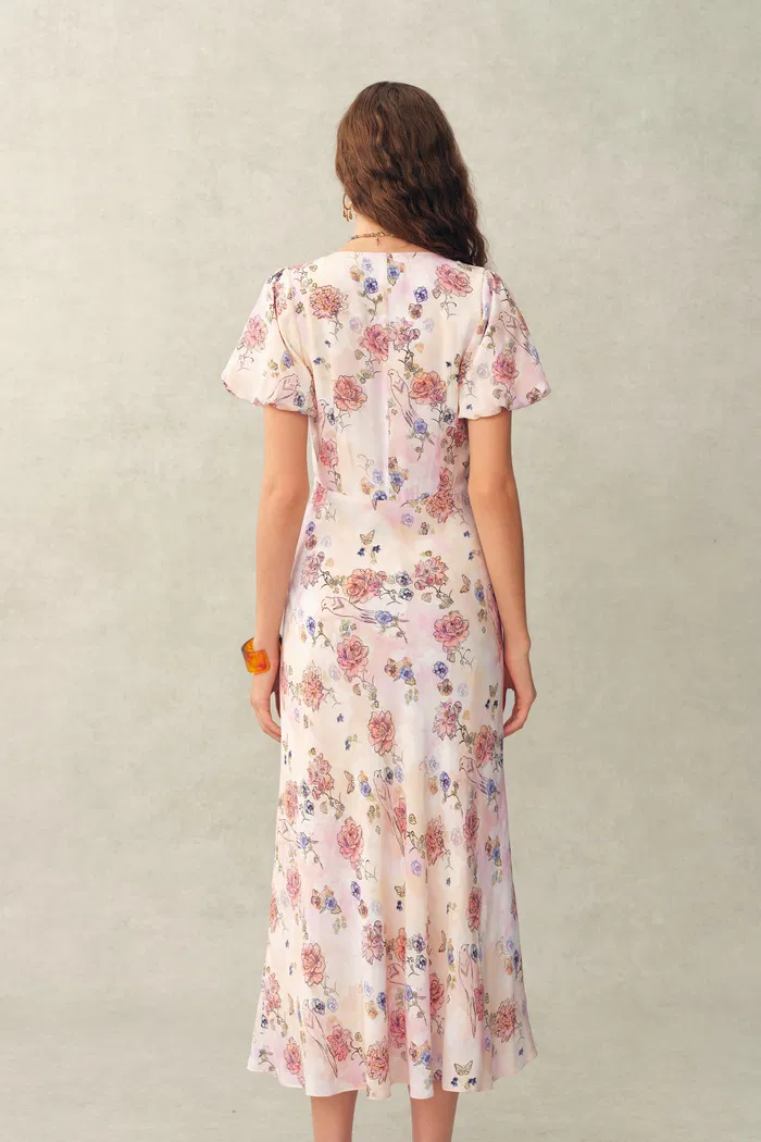 Coco Handpainted Floral Puff Sleeve Cinched Dress in Crinkle Gauze - Image 7