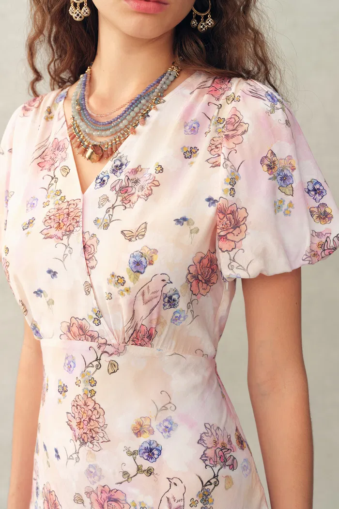 Coco Handpainted Floral Puff Sleeve Cinched Dress in Crinkle Gauze - Image 8
