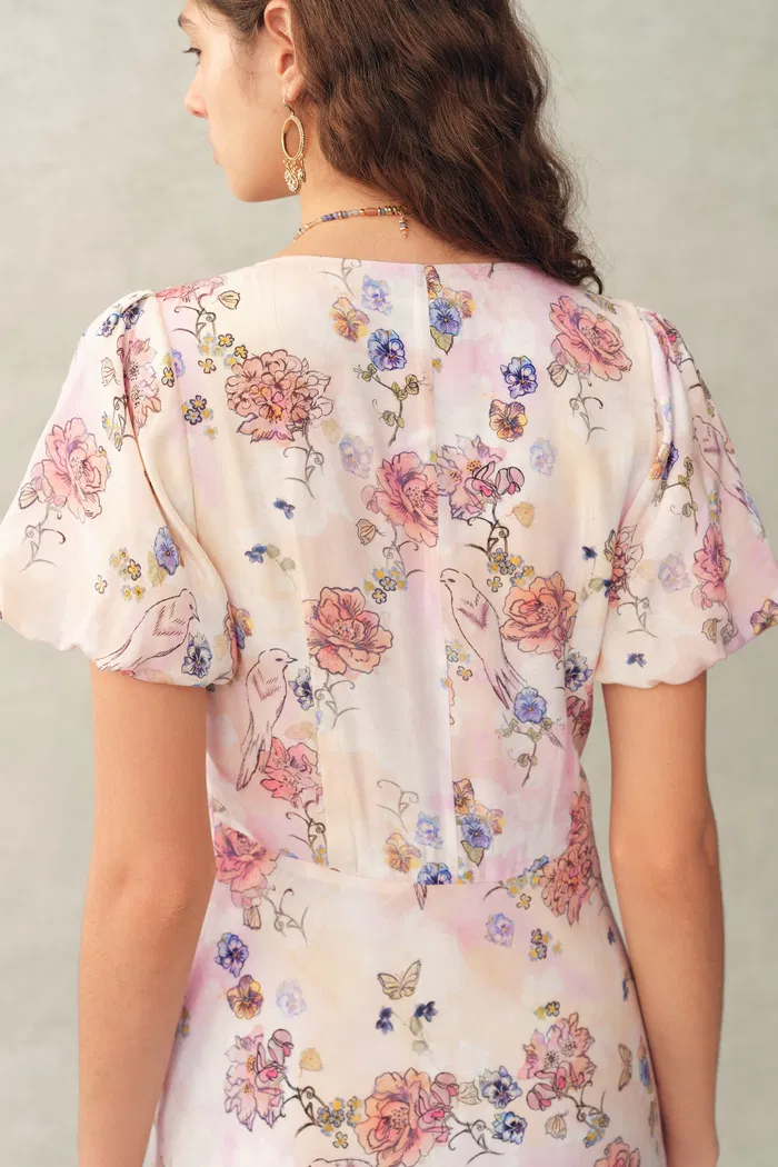 Coco Handpainted Floral Puff Sleeve Cinched Dress in Crinkle Gauze - Image 9