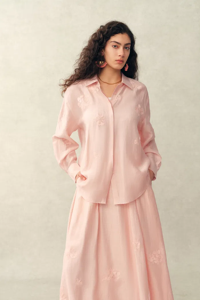 Colette Embroidery Shirt and Skirt Set in Linen Blend - Image 2