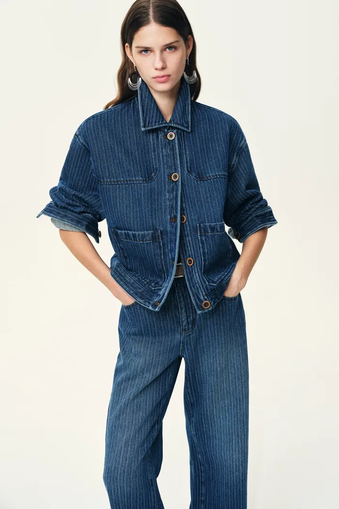Colette Striped Washed Blue Patch Pocket Jacket and Jeans Matching Set in Herringbone Denim - Image 2
