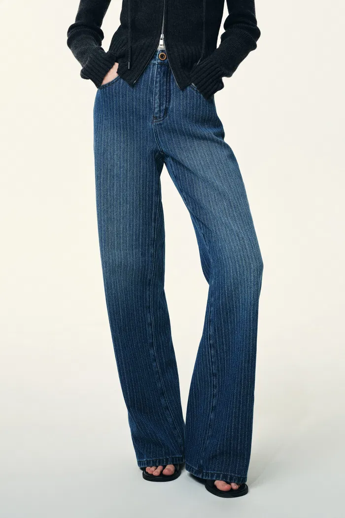 Colette Striped Washed Blue Patch Pocket Jacket and Jeans Matching Set in Herringbone Denim - Image 3